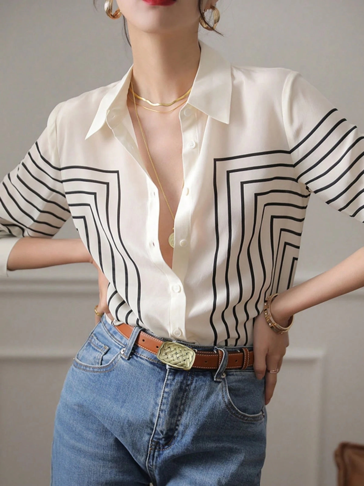 YUXIN Women's Spring/Autumn Geometric Striped Silk Blouse, Long Sleeve Slim Fit Lapel Breathable Fashion, Suitable For Office, Casual Social Occasions