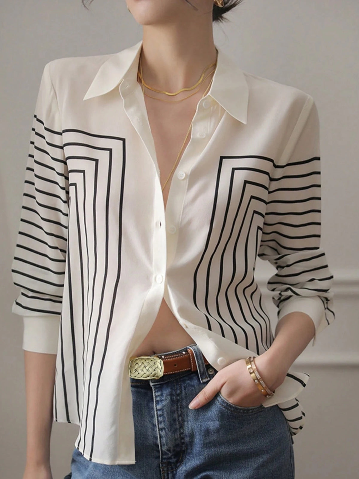 YUXIN Women's Spring/Autumn Geometric Striped Silk Blouse, Long Sleeve Slim Fit Lapel Breathable Fashion, Suitable For Office, Casual Social Occasions