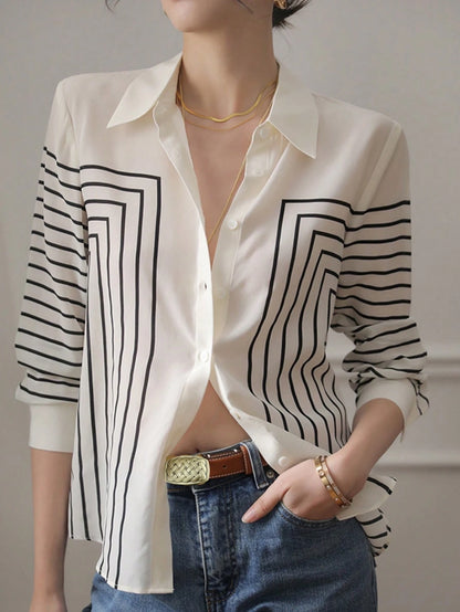YUXIN Women's Spring/Autumn Geometric Striped Silk Blouse, Long Sleeve Slim Fit Lapel Breathable Fashion, Suitable For Office, Casual Social Occasions