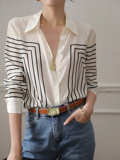 YUXIN Women's Spring/Autumn Geometric Striped Silk Blouse, Long Sleeve Slim Fit Lapel Breathable Fashion, Suitable For Office, Casual Social Occasions