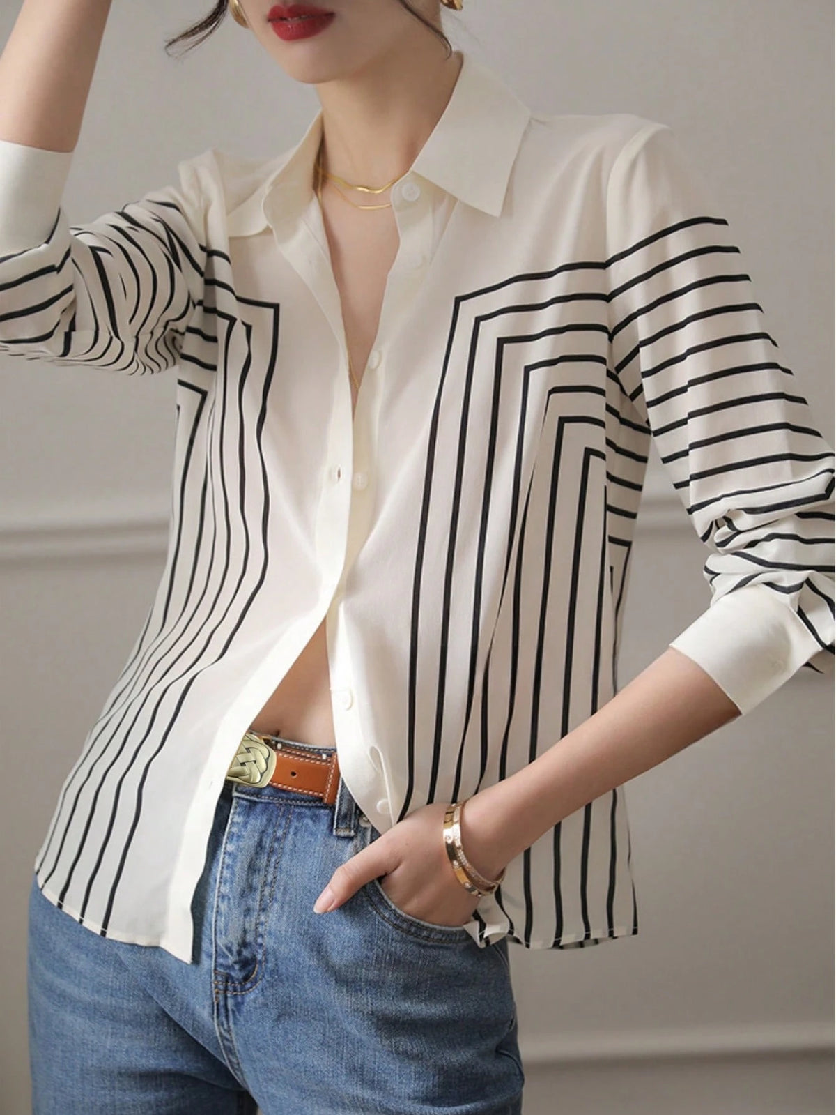 YUXIN Women's Spring/Autumn Geometric Striped Silk Blouse, Long Sleeve Slim Fit Lapel Breathable Fashion, Suitable For Office, Casual Social Occasions
