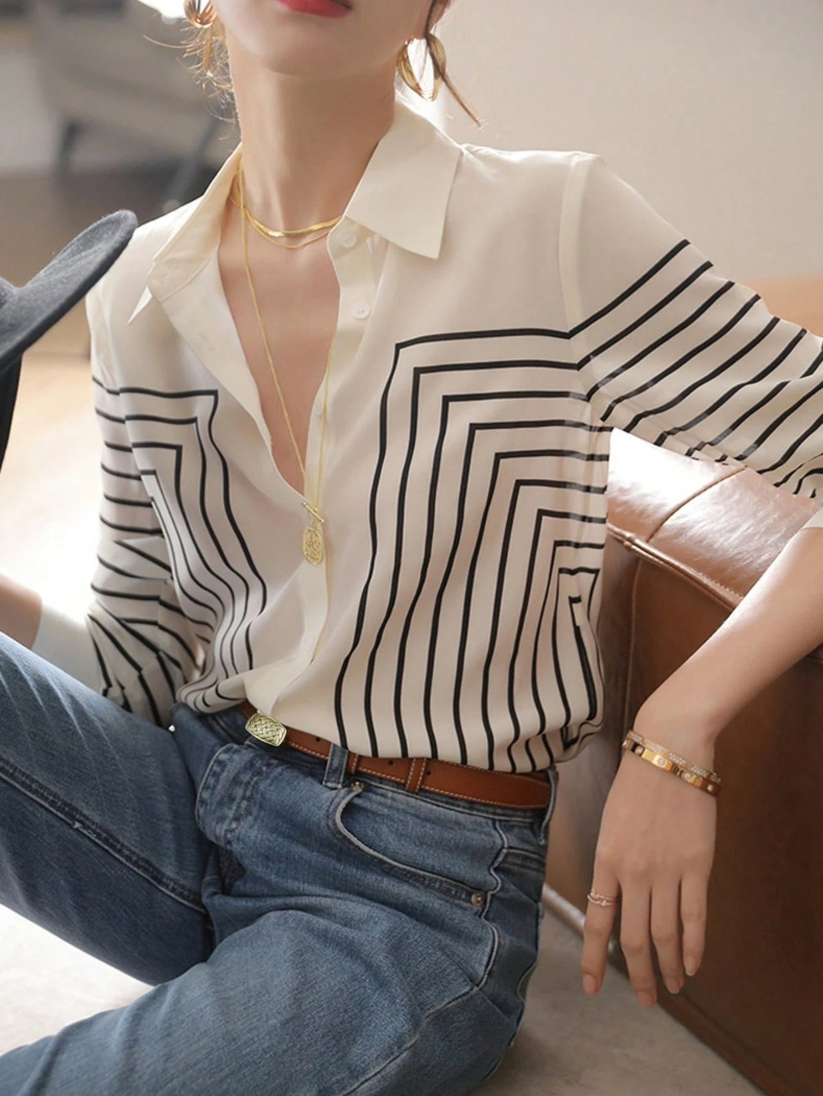 YUXIN Women's Spring/Autumn Geometric Striped Silk Blouse, Long Sleeve Slim Fit Lapel Breathable Fashion, Suitable For Office, Casual Social Occasions