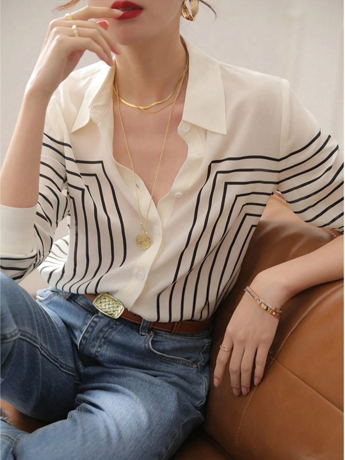 YUXIN Women's Spring/Autumn Geometric Striped Silk Blouse, Long Sleeve Slim Fit Lapel Breathable Fashion, Suitable For Office, Casual Social Occasions