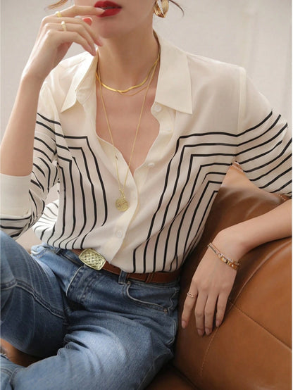 YUXIN Women's Spring/Autumn Geometric Striped Silk Blouse, Long Sleeve Slim Fit Lapel Breathable Fashion, Suitable For Office, Casual Social Occasions