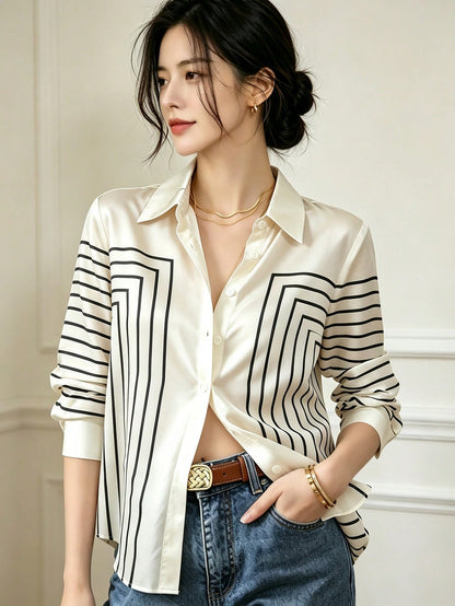 YUXIN Women's Spring/Autumn Geometric Striped Silk Blouse, Long Sleeve Slim Fit Lapel Breathable Fashion, Suitable For Office, Casual Social Occasions