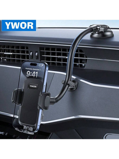 YWOR Car Cell Phone Holder For Car Dashboard Windshield Phone Mount For Car Long Arm Car Phone Holder Mount Strong Suction Cup Anti-Shake Stabilizer Compatible For IPhone,, All Smartphones