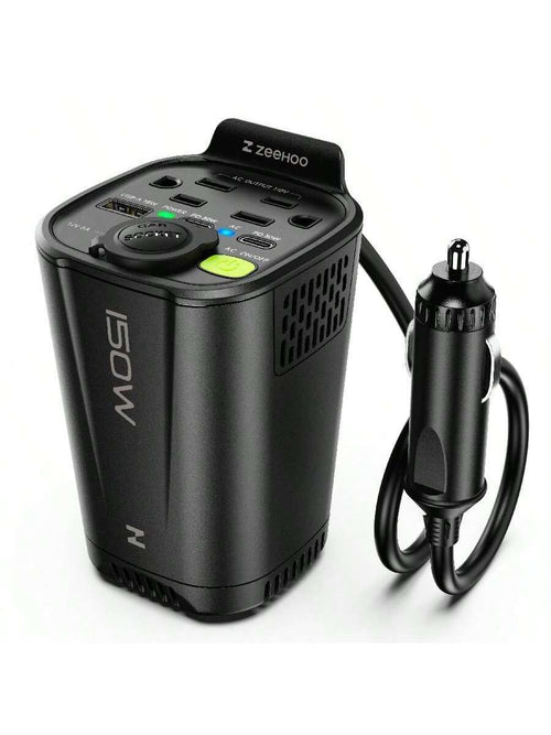 ZeeHoo 150W Car Power Inverter, 12V D/C To 110V AC Car Plug Adapter Outlet Converter, With 2 AC Outlets, A 18W USB A And Dual 30W PD Car Charger, For Laptop Computer- Black