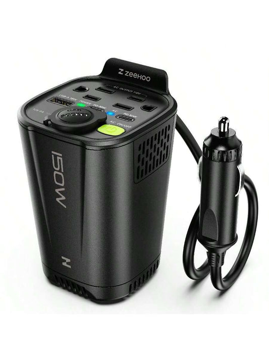ZeeHoo 150W Car Power Inverter, 12V D/C To 110V AC Car Plug Adapter Outlet Converter, With 2 AC Outlets, A 18W USB A And Dual 30W PD Car Charger, For Laptop Computer- Black