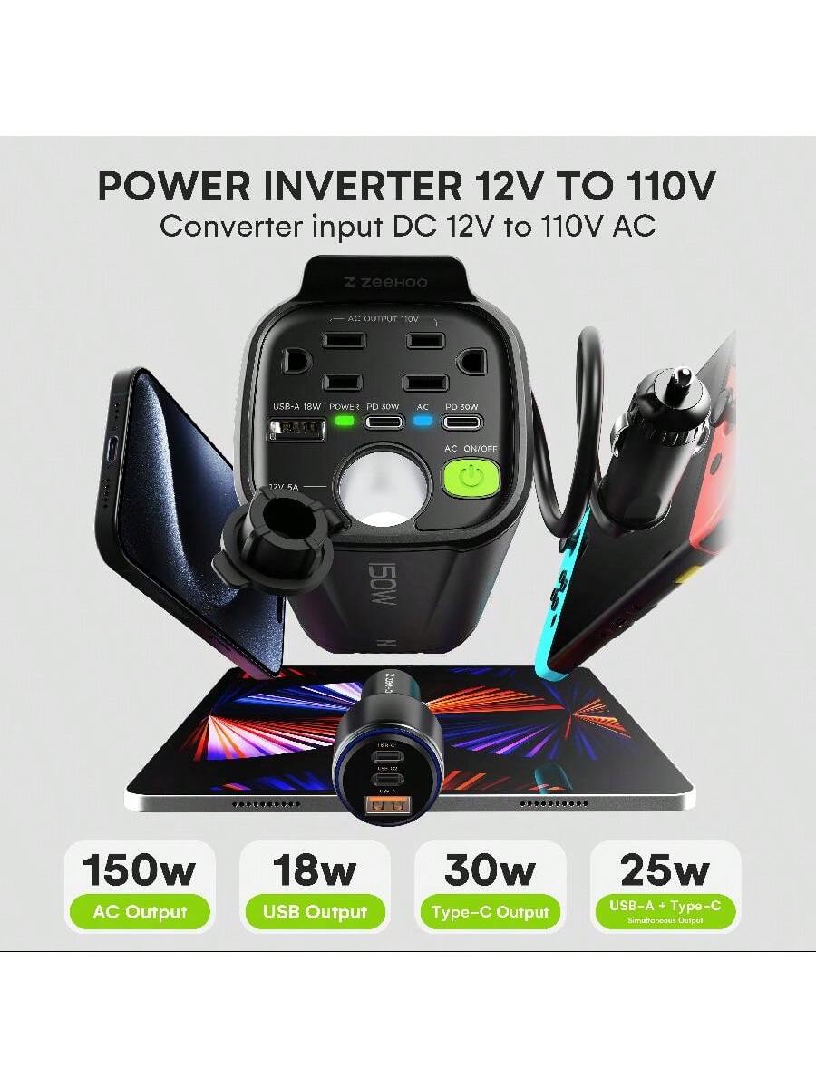ZeeHoo 150W Car Power Inverter, 12V D/C To 110V AC Car Plug Adapter Outlet Converter, With 2 AC Outlets, A 18W USB A And Dual 30W PD Car Charger, For Laptop Computer- Black