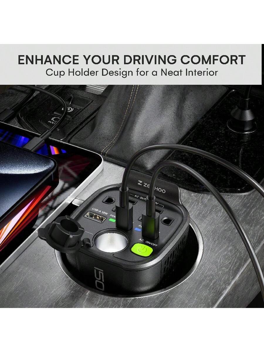 ZeeHoo 150W Car Power Inverter, 12V D/C To 110V AC Car Plug Adapter Outlet Converter, With 2 AC Outlets, A 18W USB A And Dual 30W PD Car Charger, For Laptop Computer- Black