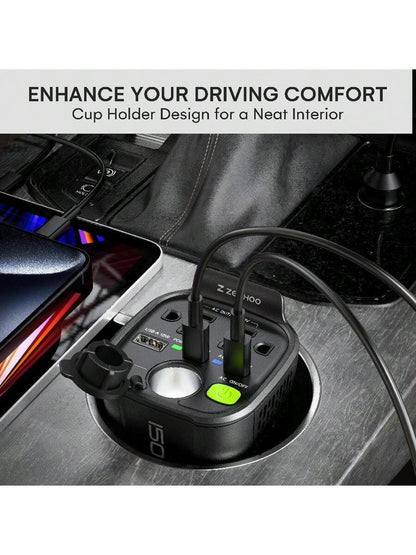 ZeeHoo 150W Car Power Inverter, 12V D/C To 110V AC Car Plug Adapter Outlet Converter, With 2 AC Outlets, A 18W USB A And Dual 30W PD Car Charger, For Laptop Computer- Black