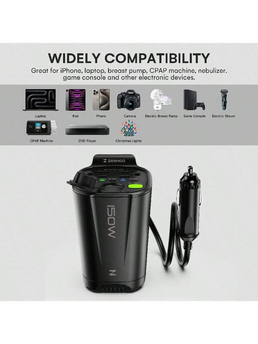 ZeeHoo 150W Car Power Inverter, 12V D/C To 110V AC Car Plug Adapter Outlet Converter, With 2 AC Outlets, A 18W USB A And Dual 30W PD Car Charger, For Laptop Computer- Black