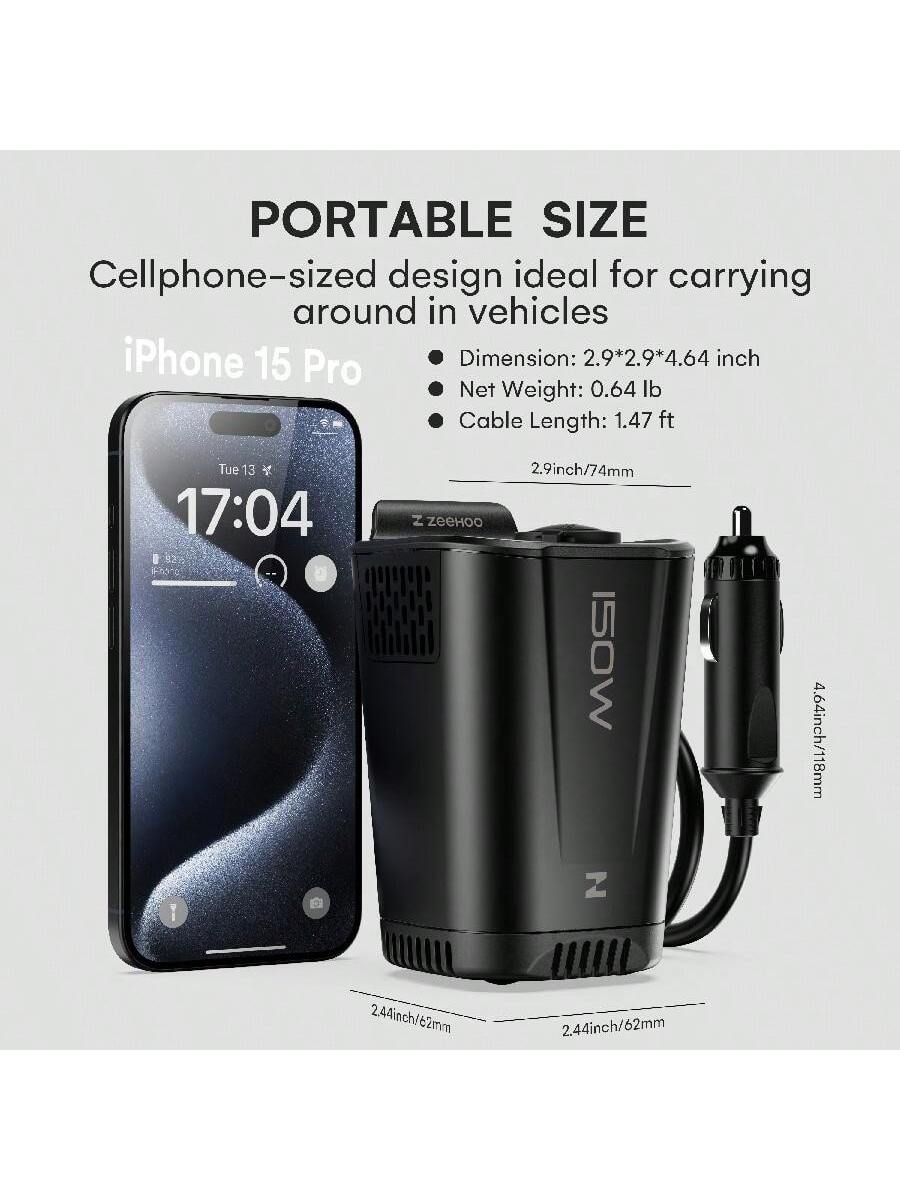 ZeeHoo 150W Car Power Inverter, 12V D/C To 110V AC Car Plug Adapter Outlet Converter, With 2 AC Outlets, A 18W USB A And Dual 30W PD Car Charger, For Laptop Computer- Black