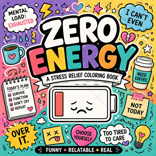 Zero Energy Adult Coloring Book For Adults, Funny Relatable Sarcastic Quote Coloring Pages For Stress Relief Mindfulness Activity Book, Humorous Mood Mental Load Art Therapy Drawing Book, Relaxing Gif