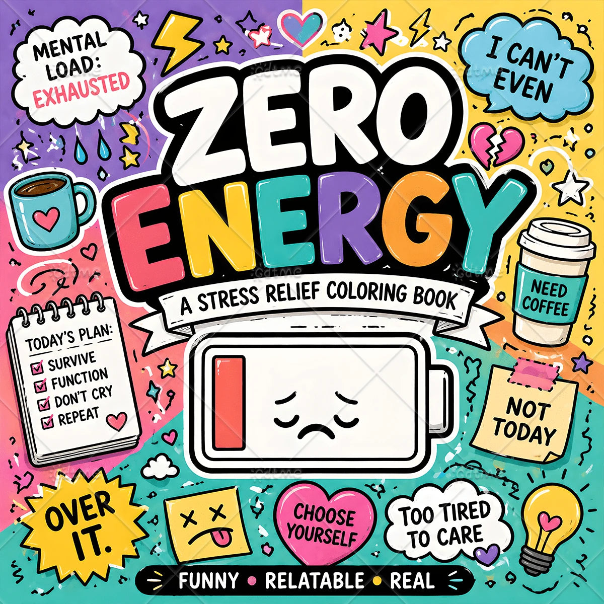 Zero Energy Adult Coloring Book For Adults, Funny Relatable Sarcastic Quote Coloring Pages For Stress Relief Mindfulness Activity Book, Humorous Mood Mental Load Art Therapy Drawing Book, Relaxing Gif
