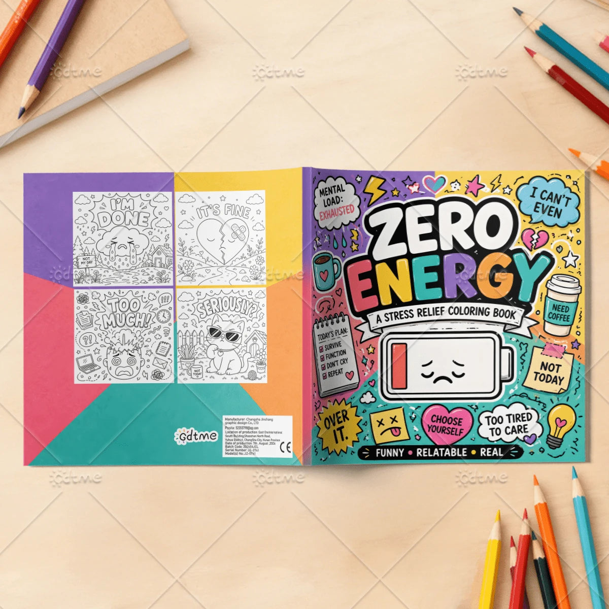 Zero Energy Adult Coloring Book For Adults, Funny Relatable Sarcastic Quote Coloring Pages For Stress Relief Mindfulness Activity Book, Humorous Mood Mental Load Art Therapy Drawing Book, Relaxing Gif