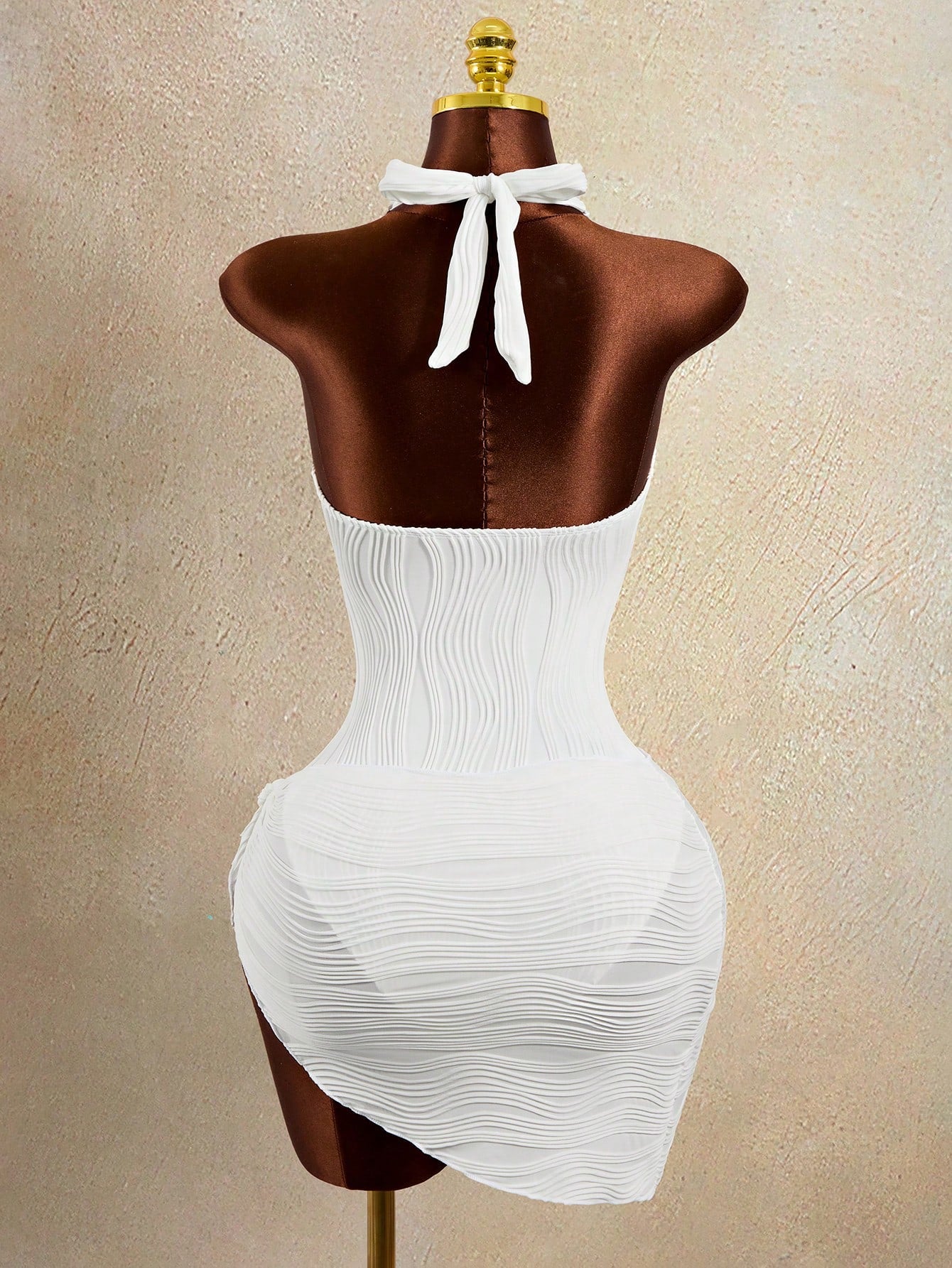 Zestiva Women's One-Piece White Textured Halter Tie Waist Starfish Metal Accent Triangle Hem Skirt Swimsuit,Summer Casual Holiday Party Vacation