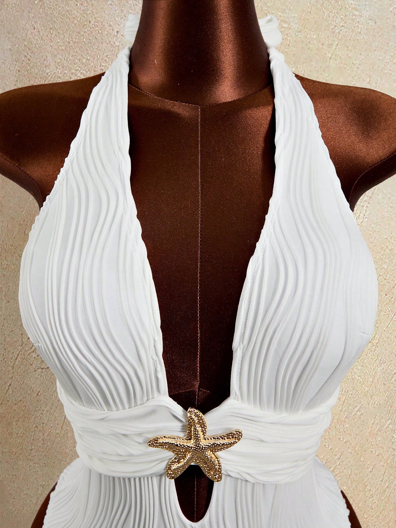 Zestiva Women's One-Piece White Textured Halter Tie Waist Starfish Metal Accent Triangle Hem Skirt Swimsuit,Summer Casual Holiday Party Vacation