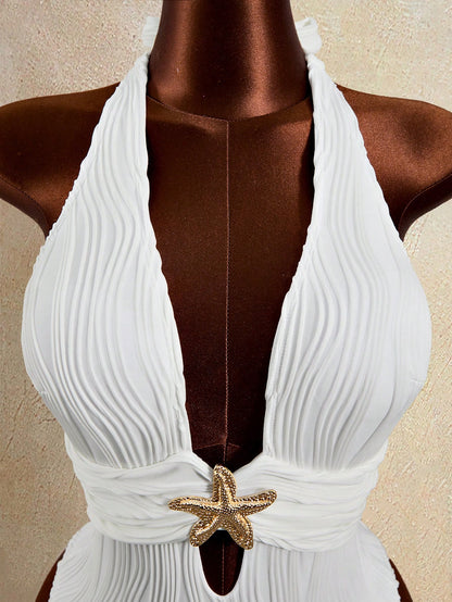 Zestiva Women's One-Piece White Textured Halter Tie Waist Starfish Metal Accent Triangle Hem Skirt Swimsuit,Summer Casual Holiday Party Vacation