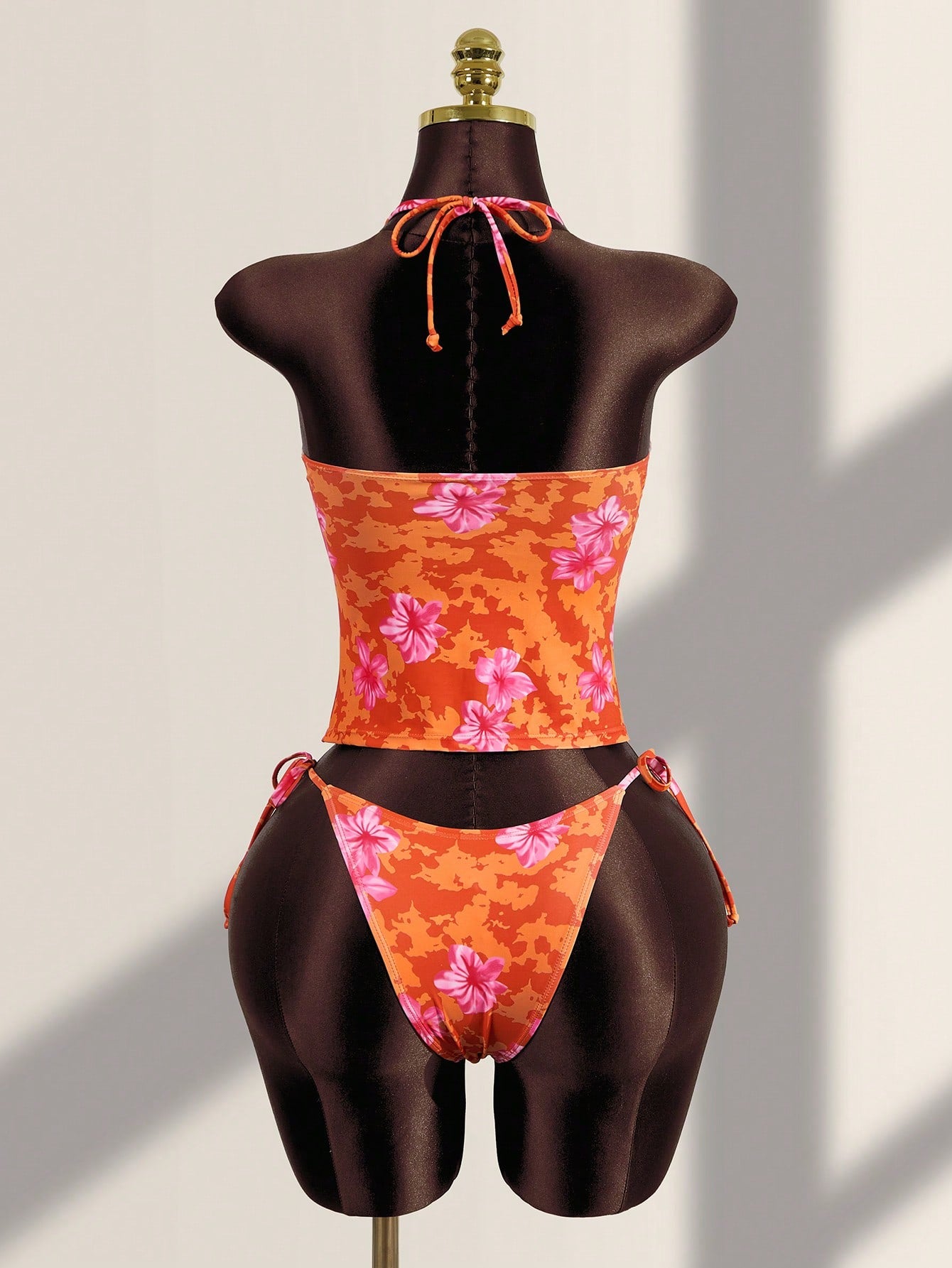 Zestiva Women's Summer Vacation Casual Beach Wear Tropical Floral Print Strapless Bandeau Tie Strap Bikini Lace Trim Two Pieces Swimsuit Set