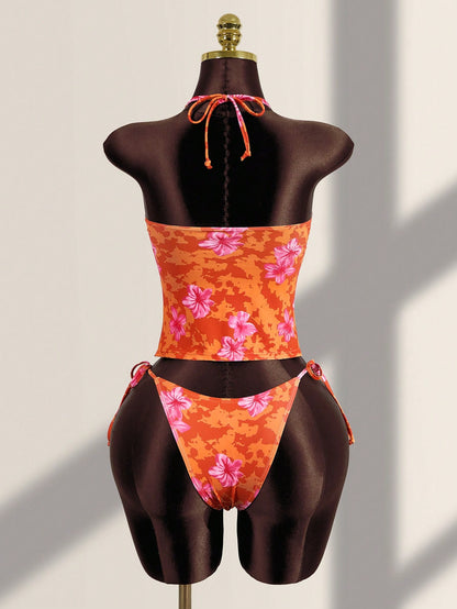 Zestiva Women's Summer Vacation Casual Beach Wear Tropical Floral Print Strapless Bandeau Tie Strap Bikini Lace Trim Two Pieces Swimsuit Set