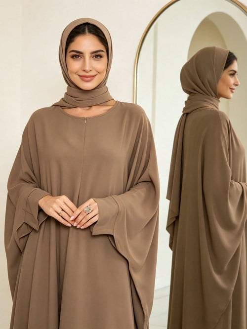 Zipper Neck Batwing Sleeve Abaya, Loose Fit Modest Muslim Maxi Dress, Casual Dubai Style Islamic Kaftan