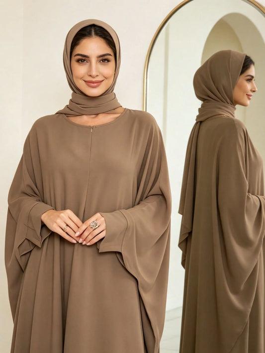 Zipper Neck Batwing Sleeve Abaya, Loose Fit Modest Muslim Maxi Dress, Casual Dubai Style Islamic Kaftan