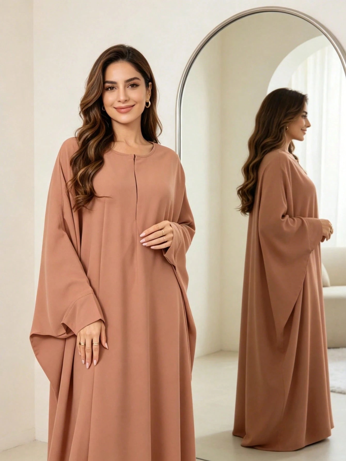 Zipper Neck Batwing Sleeve Abaya, Loose Fit Modest Muslim Maxi Dress, Casual Dubai Style Islamic Kaftan