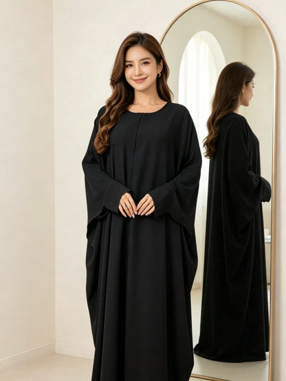Zipper Neck Batwing Sleeve Abaya, Loose Fit Modest Muslim Maxi Dress, Casual Dubai Style Islamic Kaftan