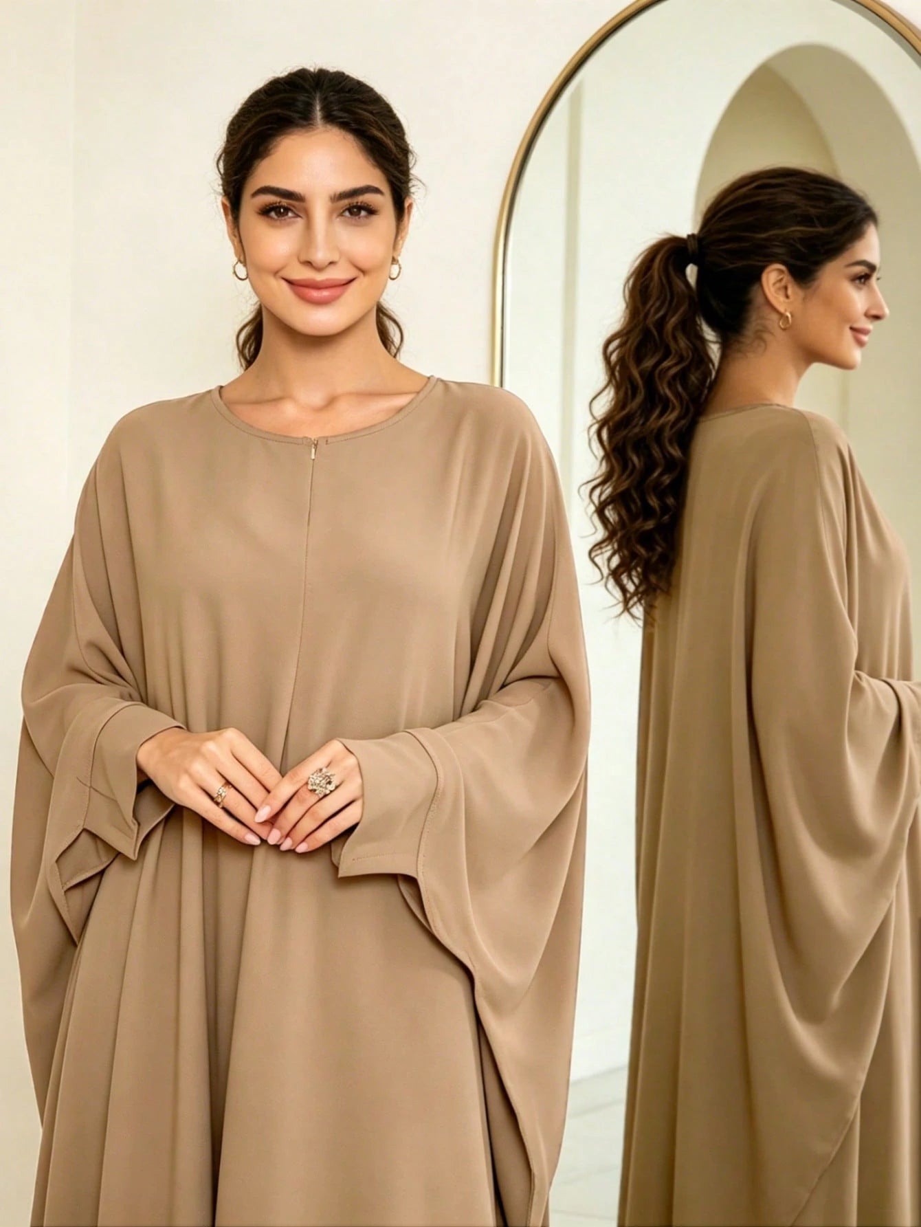 Zipper Neck Batwing Sleeve Abaya, Loose Fit Modest Muslim Maxi Dress, Casual Dubai Style Islamic Kaftan
