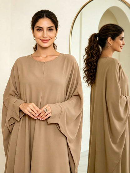 Zipper Neck Batwing Sleeve Abaya, Loose Fit Modest Muslim Maxi Dress, Casual Dubai Style Islamic Kaftan