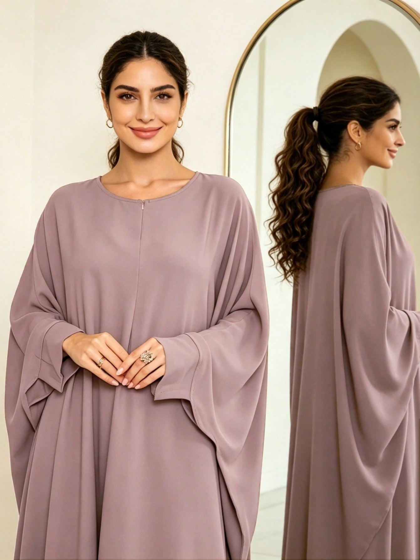 Zipper Neck Batwing Sleeve Abaya, Loose Fit Modest Muslim Maxi Dress, Casual Dubai Style Islamic Kaftan