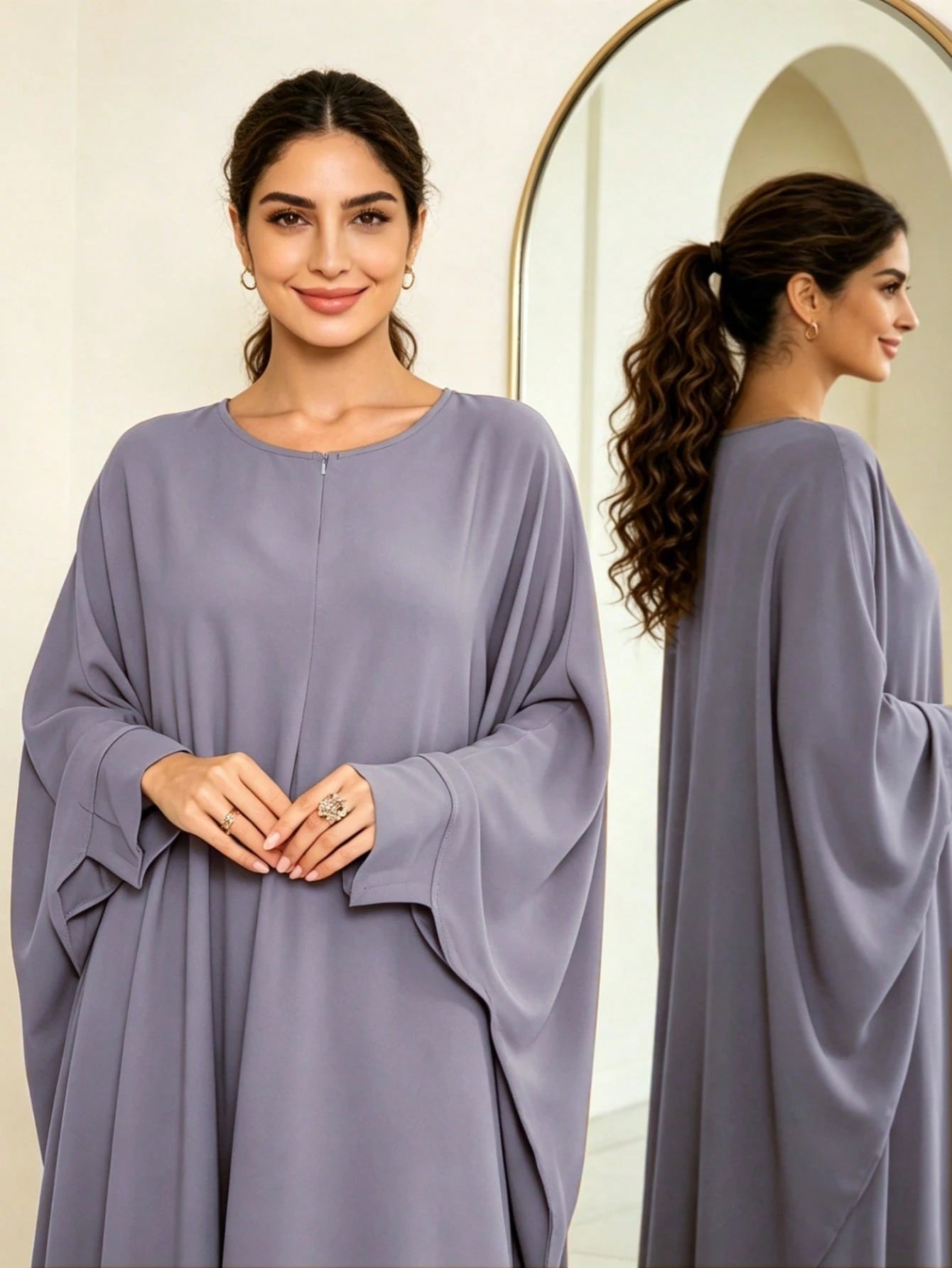 Zipper Neck Batwing Sleeve Abaya, Loose Fit Modest Muslim Maxi Dress, Casual Dubai Style Islamic Kaftan