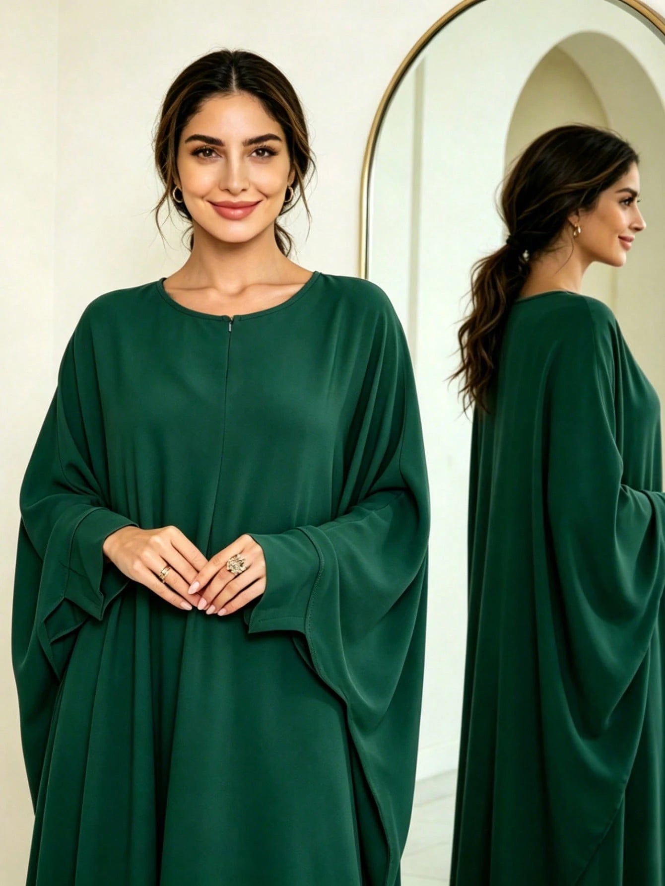 Zipper Neck Batwing Sleeve Abaya, Loose Fit Modest Muslim Maxi Dress, Casual Dubai Style Islamic Kaftan