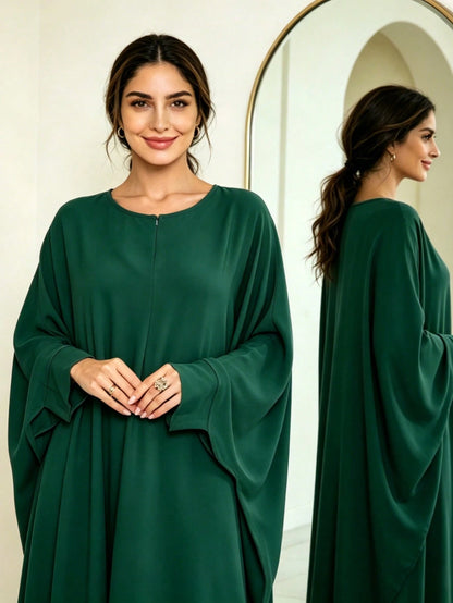 Zipper Neck Batwing Sleeve Abaya, Loose Fit Modest Muslim Maxi Dress, Casual Dubai Style Islamic Kaftan