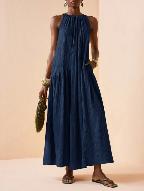 Zivah 2026 Spring New Mediterranean Vacation Style Music Festival Sleeveless Round Neck Tie-Knot Lightweight Bohemian Pleated Solid Color Dress