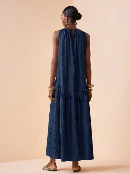 Zivah 2026 Spring New Mediterranean Vacation Style Music Festival Sleeveless Round Neck Tie-Knot Lightweight Bohemian Pleated Solid Color Dress