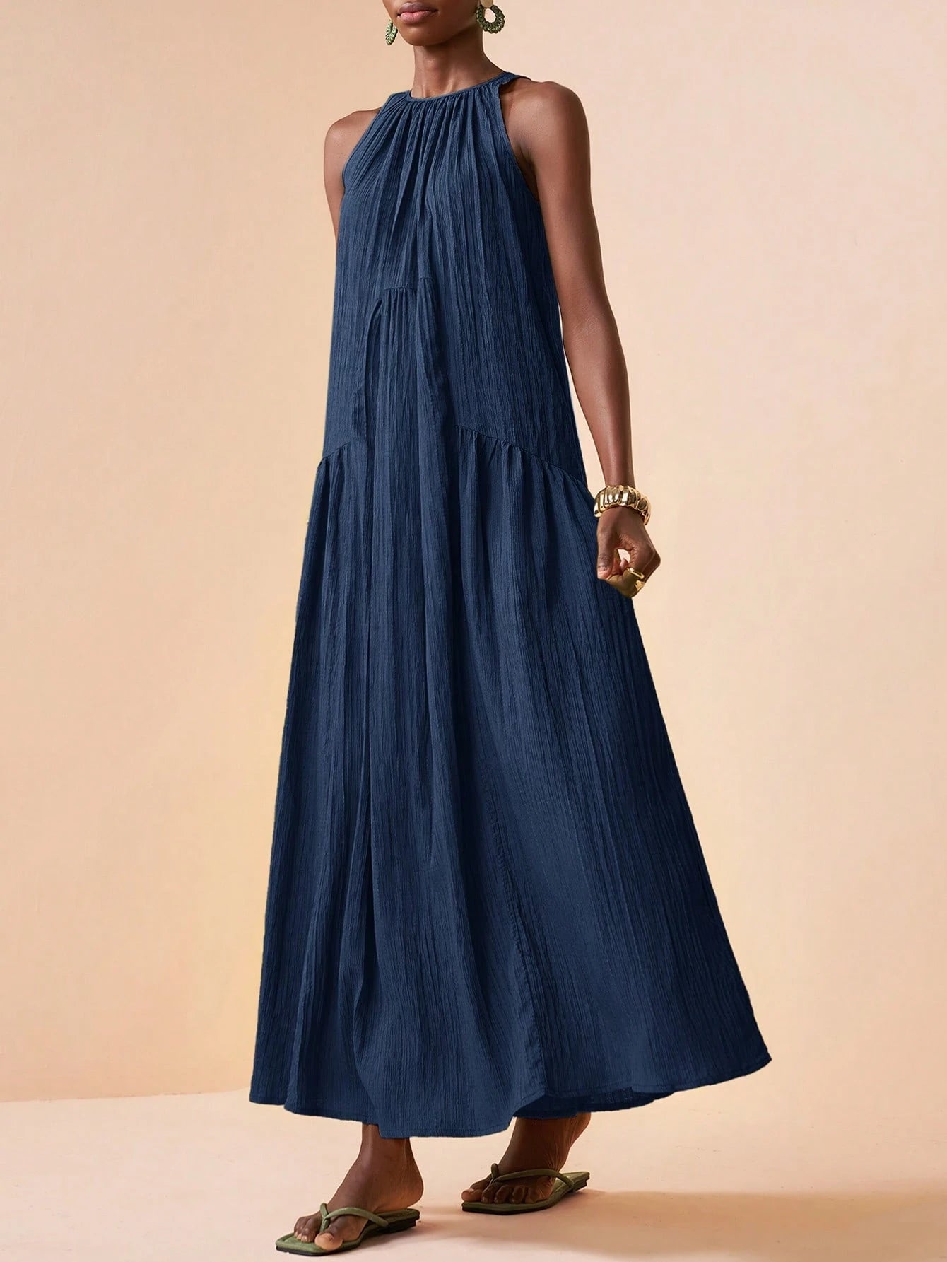 Zivah 2026 Spring New Mediterranean Vacation Style Music Festival Sleeveless Round Neck Tie-Knot Lightweight Bohemian Pleated Solid Color Dress