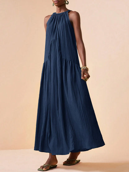 Zivah 2026 Spring New Mediterranean Vacation Style Music Festival Sleeveless Round Neck Tie-Knot Lightweight Bohemian Pleated Solid Color Dress