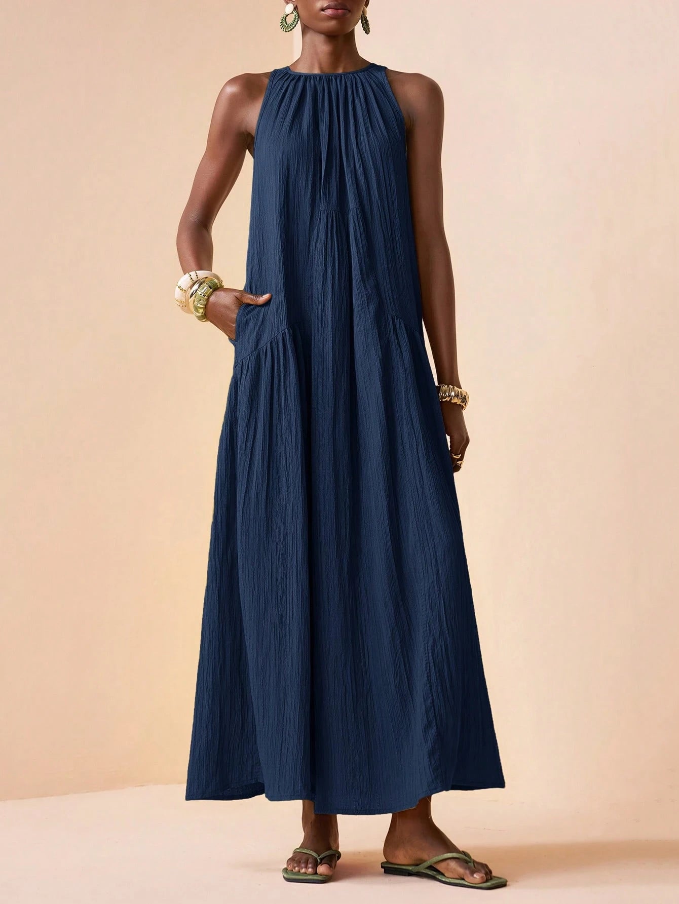Zivah 2026 Spring New Mediterranean Vacation Style Music Festival Sleeveless Round Neck Tie-Knot Lightweight Bohemian Pleated Solid Color Dress