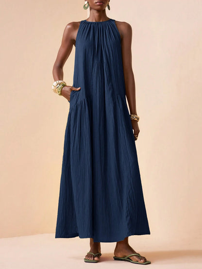 Zivah 2026 Spring New Mediterranean Vacation Style Music Festival Sleeveless Round Neck Tie-Knot Lightweight Bohemian Pleated Solid Color Dress