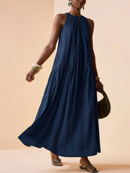 Zivah 2026 Spring New Mediterranean Vacation Style Music Festival Sleeveless Round Neck Tie-Knot Lightweight Bohemian Pleated Solid Color Dress