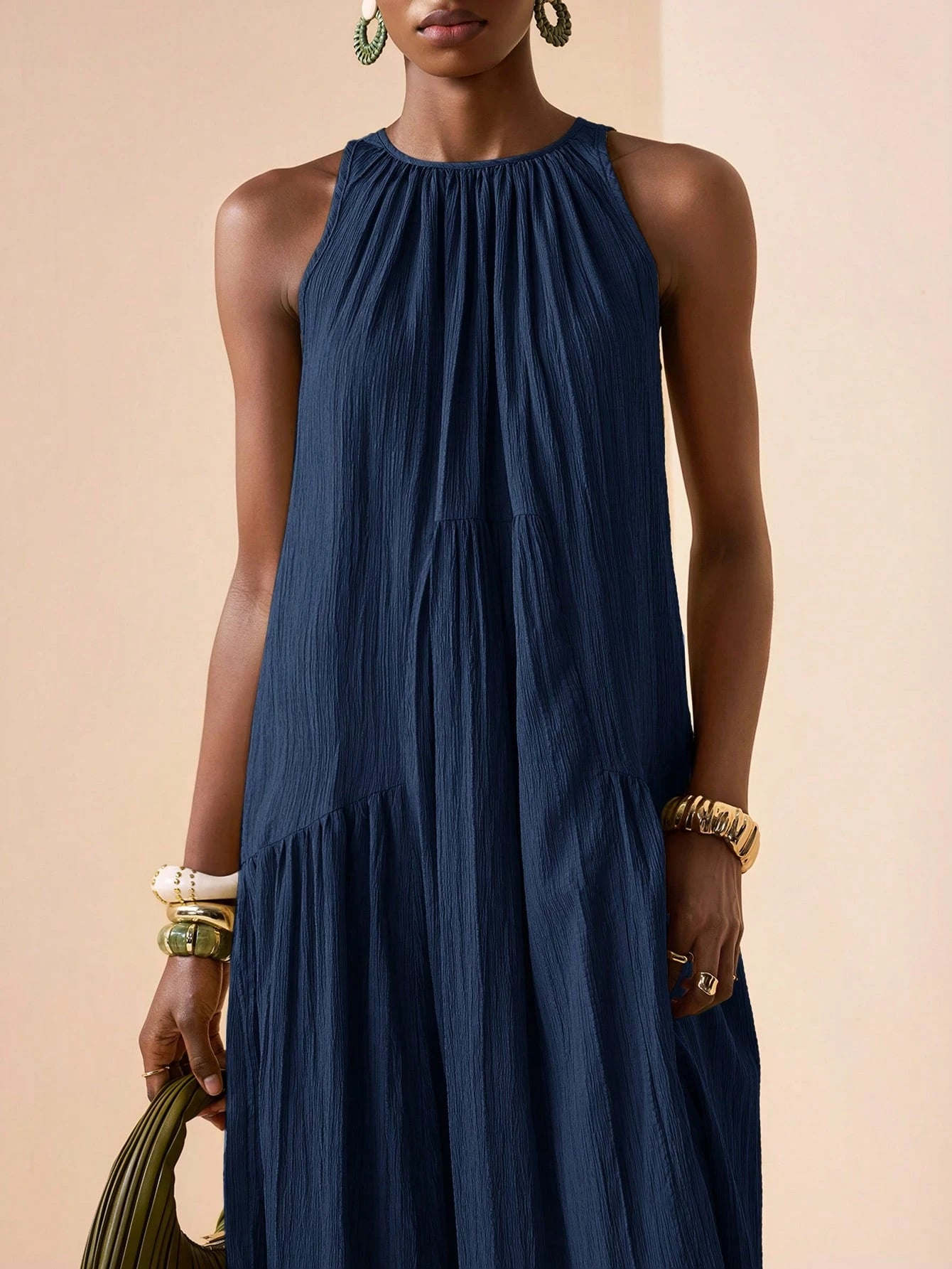 Zivah 2026 Spring New Mediterranean Vacation Style Music Festival Sleeveless Round Neck Tie-Knot Lightweight Bohemian Pleated Solid Color Dress