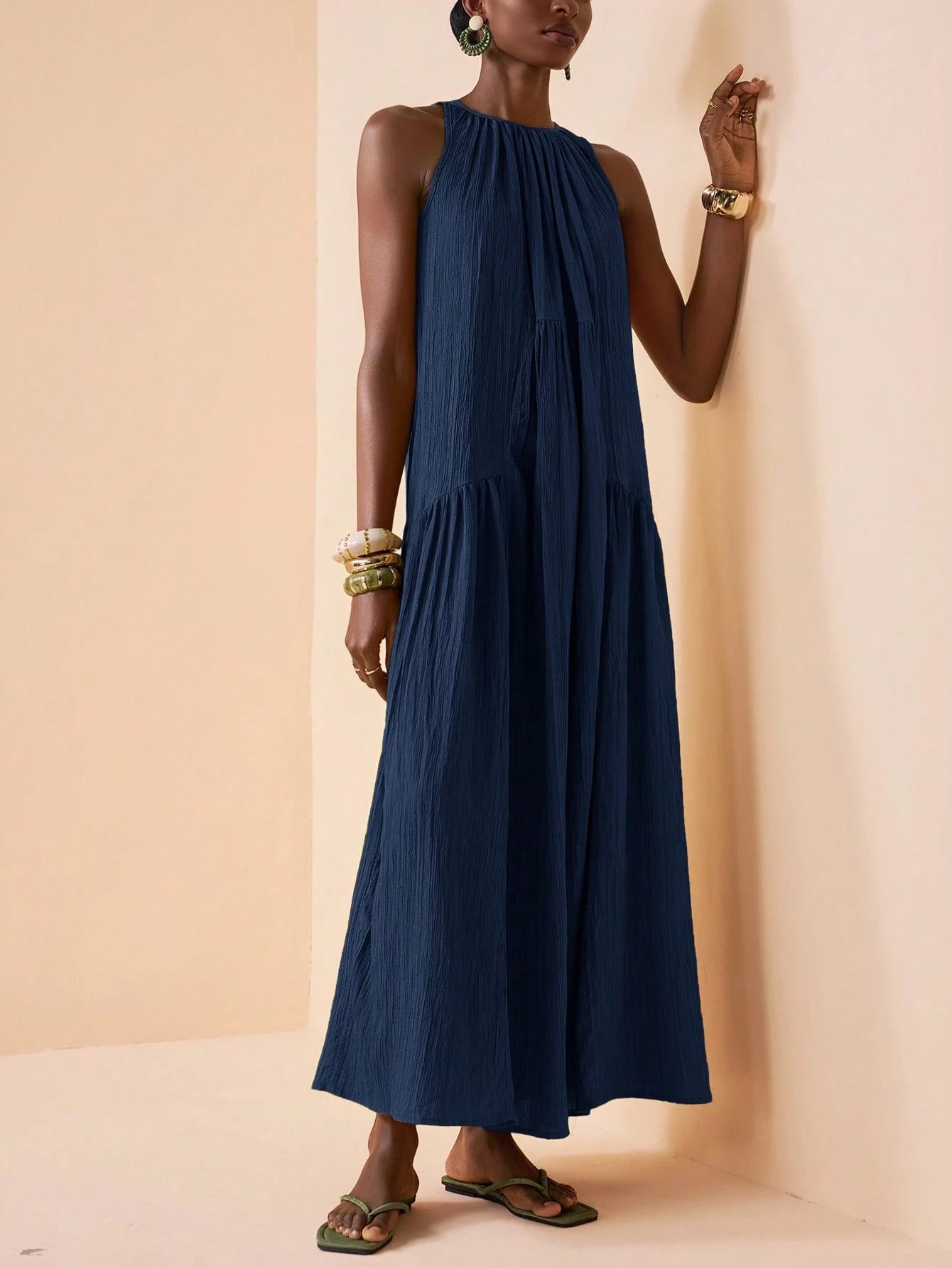 Zivah 2026 Spring New Mediterranean Vacation Style Music Festival Sleeveless Round Neck Tie-Knot Lightweight Bohemian Pleated Solid Color Dress