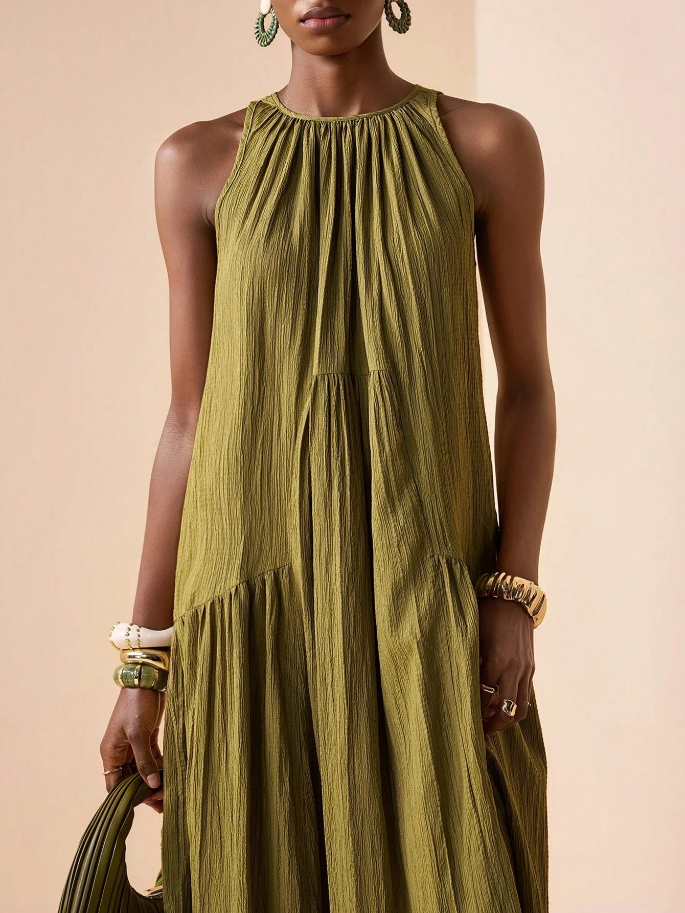 Zivah 2026 Spring New Mediterranean Vacation Style Music Festival Sleeveless Round Neck Tie-Knot Lightweight Bohemian Pleated Solid Color Dress