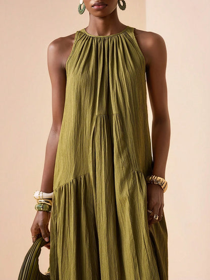 Zivah 2026 Spring New Mediterranean Vacation Style Music Festival Sleeveless Round Neck Tie-Knot Lightweight Bohemian Pleated Solid Color Dress