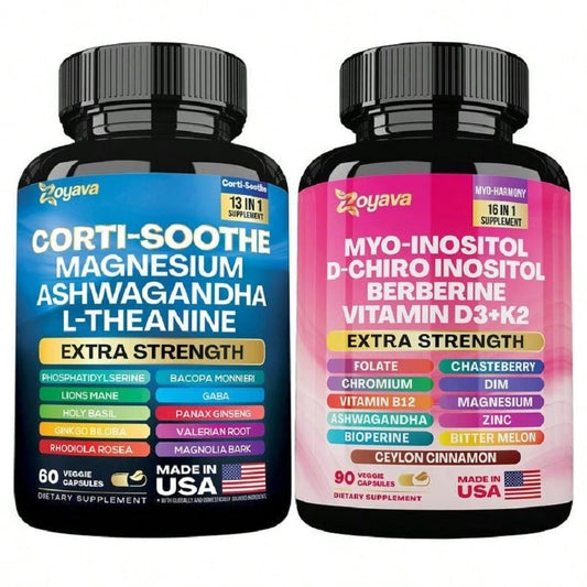 Zoyava Soothe-Smooth Bundle,Soothe & Smooth Bundle Multivitamin Combo, Cortisol Support Myo-Inositol Multivitamin Combo With Magnesium Glycinate, Ashwagandha, L-Theanine & Herbal Blend- D Vitamins Su